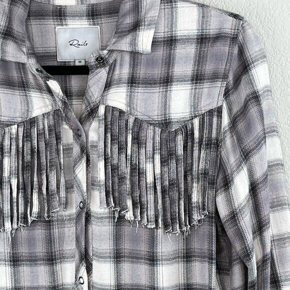 Rails Western Dolly Button Down Grey Check Plaid Fringe Flannel Shirt XS/Medium - Picture 7 of 16